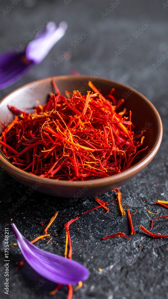 Fototapeta premium A small brown bowl overflowing with vibrant red threads, saffron