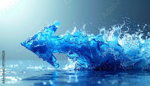Blue water arrow moving toward the viewer, made of water