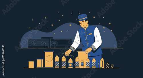 Hotel Staff Preparing Fireworks Display Under The Night Sky For A Special Event