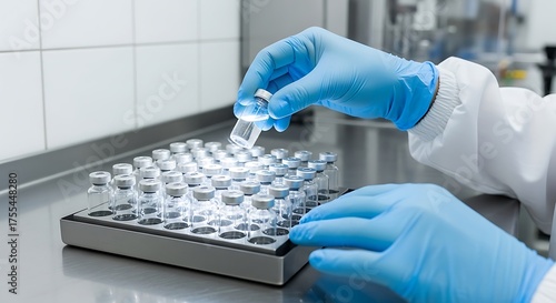 Scientist in a lab coats handling vials in a sterile environment
