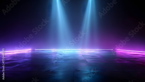 Dramatic stage lighting with vibrant blue and purple beams illuminating a textured floor creating an atmospheric and futuristic performance space