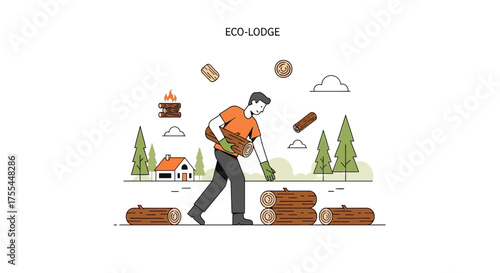 Illustration Depicting Eco-Lodge Activities, Chopping Wood, And Building A Fire For Comfort