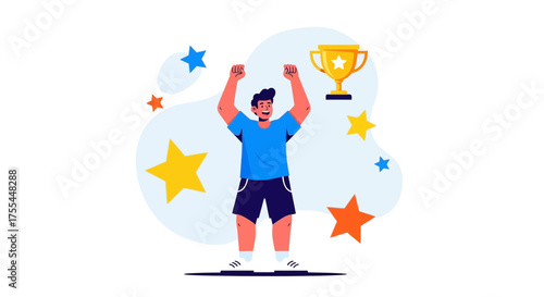 Illustration Of A Man Celebrating Victory With Stars And A Trophy Award Design