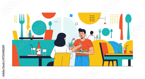 Illustration Of A Restaurant Scene Depicting A Meal Served Beautifully To Customers In a Cafe