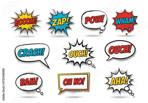 Comicstyle speech bubbles display various sound effects and expressions on a white background