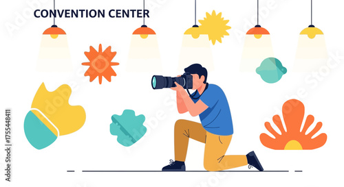 Illustrative Photographer Capturing Images in Convention Center with Decorative Elements
