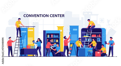 Illustrative Scene Of Preparations Inside A Convention Center For An Important Event