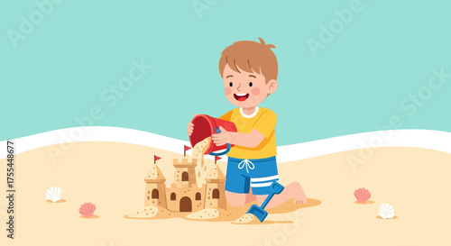 Joyful Child Building Magnificent Sandcastle, Enjoying Summertime Beach Fun