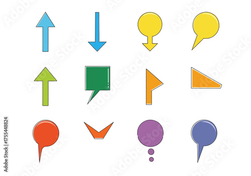 Icons arrayed in rows Updown arrows speech bubbles triangles  chevrons in diverse colors Black outlines add definition