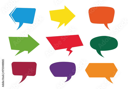 Illustration of nine differently shaped and colored speech bubbles isolated on a white background