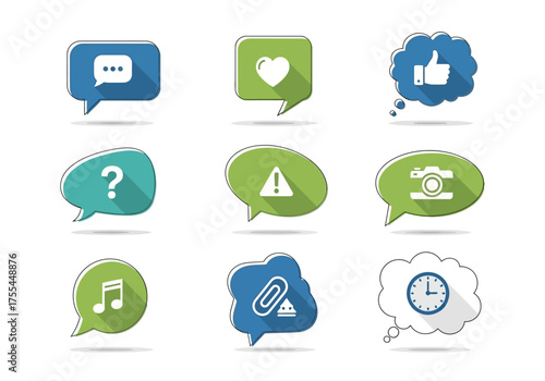 Image displays 9 colorful speech bubble icons with symbols such as a heart like question mark music note clock camera etc