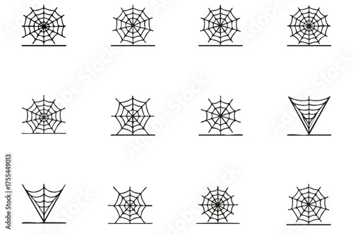 outline thin line spider web icons set: spooky cobweb and halloween decorative elements collection