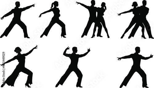 Silhouettes of professional competitive ballroom and Latin dancers performing dynamic dance moves, including tango, salsa, rumba, and cha-cha, in various couple and solo poses.