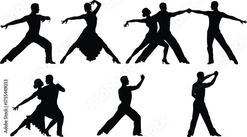 Silhouettes of professional competitive ballroom and Latin dancers performing dynamic dance moves, including tango, salsa, rumba, and cha-cha, in various couple and solo poses.