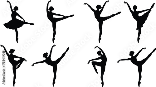 Collection of female ballet dancer silhouettes, graceful ballerinas performing classical dance in various poses, artistic vector illustration.