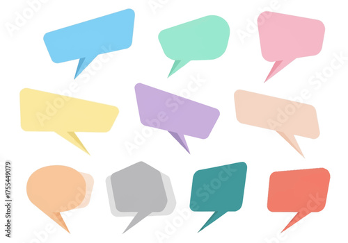 Nine colorful cartoonish speech bubbles arranged on a white background