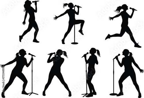 Collection of rock guitarist silhouettes, male musician jumping and posing with electric guitar, dynamic vector illustration set.