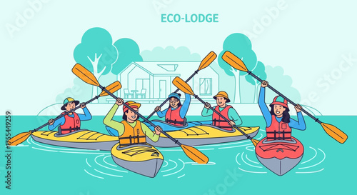 Joyful Paddlers Embark On Water Journey Together, Experiencing Thrilling Outdoor Adventure