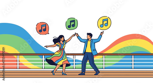 Joyful Partnership Dancing Together With Musical Notes Above Rainbow Waves
