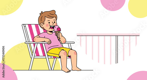 Joyful Youngster Enjoying Ice Cream On A Sunny Day With Relaxing Beachside Scene