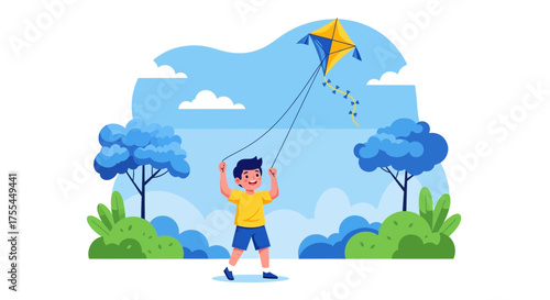 Joyful Youth Soaring A Vibrant Diamond Kite Above The Green Landscape