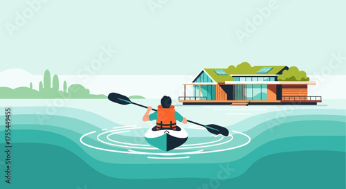 Kayaker Explores Serene Waters Near a Modern Eco-Friendly Lakeside Dwelling Illustration
