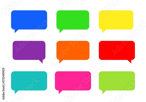 Nine colorful speech bubbles arranged in a 3x3 grid on a white background