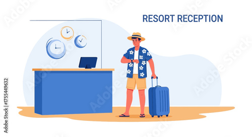 Man Arrives Resort Reception, Checks Time, Ready For Vacation With Luggage in Hand