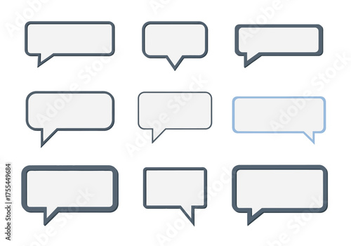 Nine speech bubbles arranged in a grid Most are dark grey one is light blue All are blank and ready for text