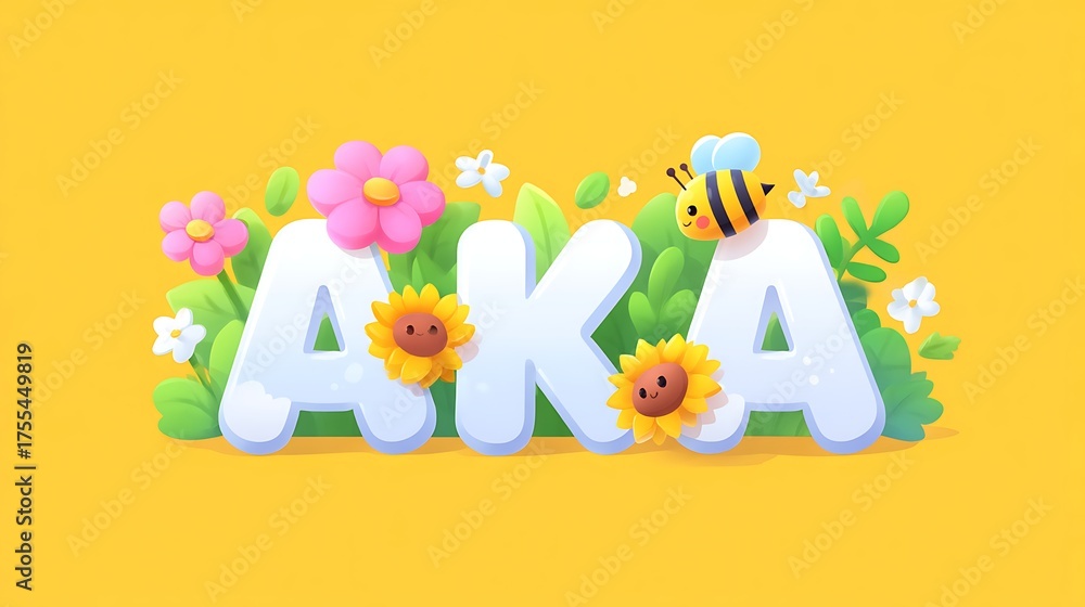 Obraz premium Sweet cheerful cartoon lettering with flowers and bee on bright background