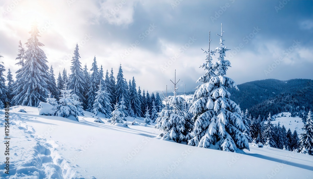 Fototapeta premium Beautiful Christmas Background with snow covered green pine tree brunch and lettering Hello December. Trendy moody dark toned design. Vintage December wallpaper. Natural winter holiday