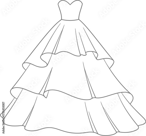 Elegant strapless ball gown silhouette with tiered skirt line drawing fashion design