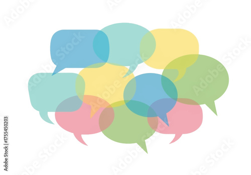 Varied colorful speech bubbles overlap against a white backdrop creating a layered vibrant cluster