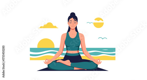 Meditative Illustration Of Woman Practicing Yoga On The Beach At Sunset For Calm And Peace