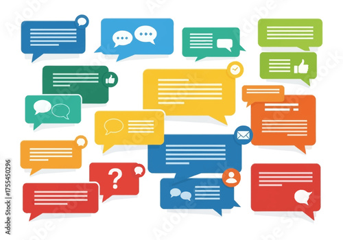 Various colored cartoon speech bubbles scattered filled with generic icons and horizontal lines to mimic text