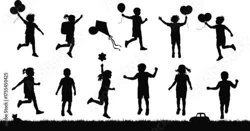 Happy children playing outdoors silhouette vector, kids running jumping and holding balloons in park, childhood fun activity concept illustration, black white art
