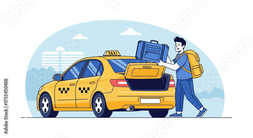 Passenger Loading Luggage In Taxi, Travel, Departure, Transportation, And City Journey