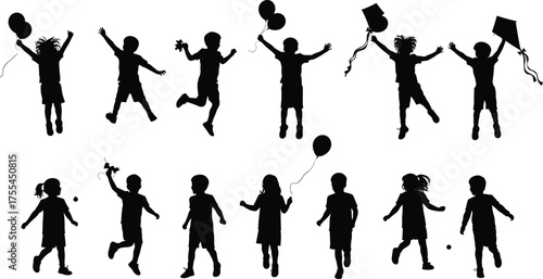 Happy children silhouettes playing outdoors, jumping, running, flying kites and holding balloons, joyful childhood freedom, summer fun vector illustration design concept