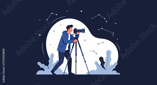 Photographer Capturing Celestial Wonders Beneath Cosmic Sky, Artistic Illustration