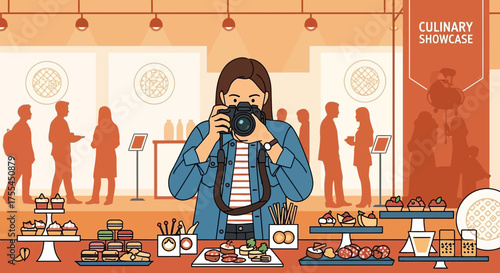 Photographer Capturing Culinary Delights At Showcase Event With Guests And Various Treats