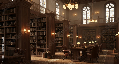an ancient library interior, rows of vintage wooden shelves, dusty books, warm ambient lighting, leather chairs