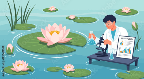 Scientist analyzing water purity in a serene pond environment with lily pads