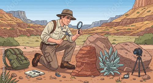 An Exploration in Stone: Cartoon Style Geologist Examining a Rock Formation in Desert