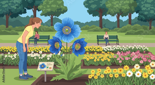 Animated illustration of woman admiring rare blue poppies in a park setting
