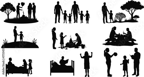 Happy family silhouette illustration with parents and children spending time together, outdoor activities, parenting, love, bonding, education, and lifestyle concept vector design