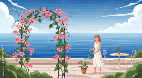 A Peaceful Seaside Vista: Woman Tending to Flowers on a Tranquil Terrace