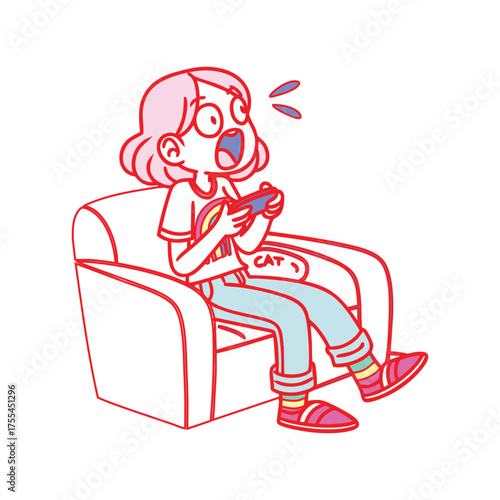 Cartoon girl with pink hair playing video games on a couch with surprised expression gaming