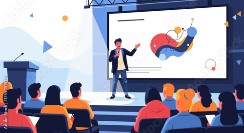 Professional Presenter Engaging Audience During A Vibrant And Colorful Business Seminar