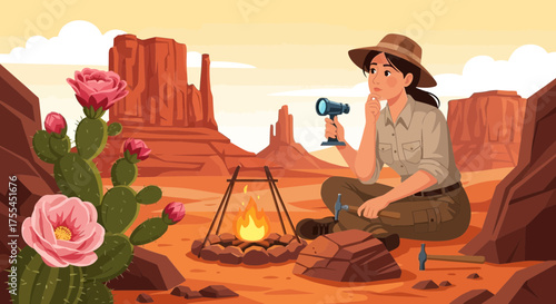 Geologist's contemplation at Monument Valley campsite under a vibrant sunset hue