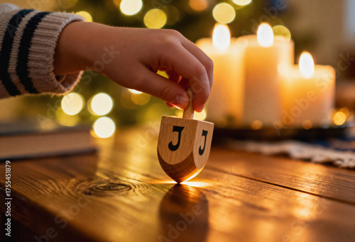 Child's hand spinning wooden dreidel celebrating hanukkah warm holiday atmosphere. festive close-up of traditional jewish game for seasonal decor or greeting cards.